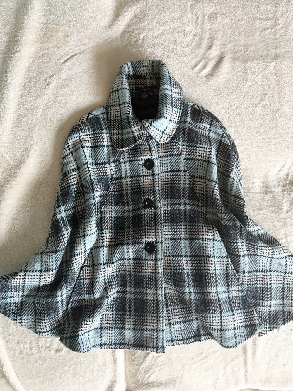 Cejon Plaid Cape Coat Wool Blend Gray Blue Cape Jacket S/M